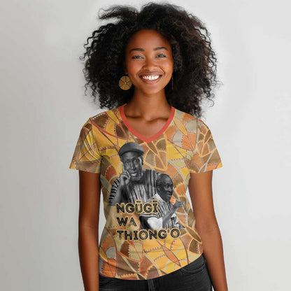 Ngugi wa Thiong O Women V-Neck T-Shirt African Literary Icon Portrait Cultural Revival - African Pride