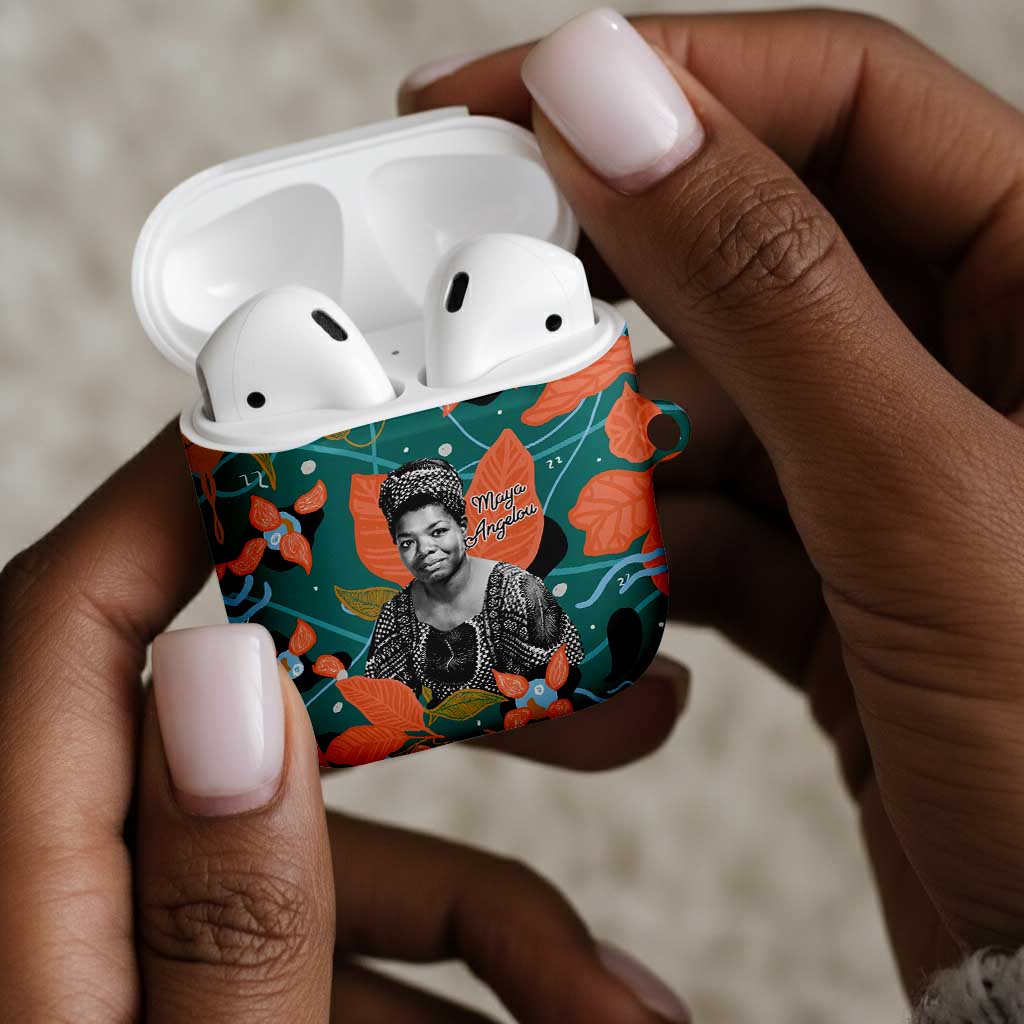 Maya Angelou AirPods Case Inspirational Quote Design Vibrant Teal and Orange Leaf Motif - African Pride