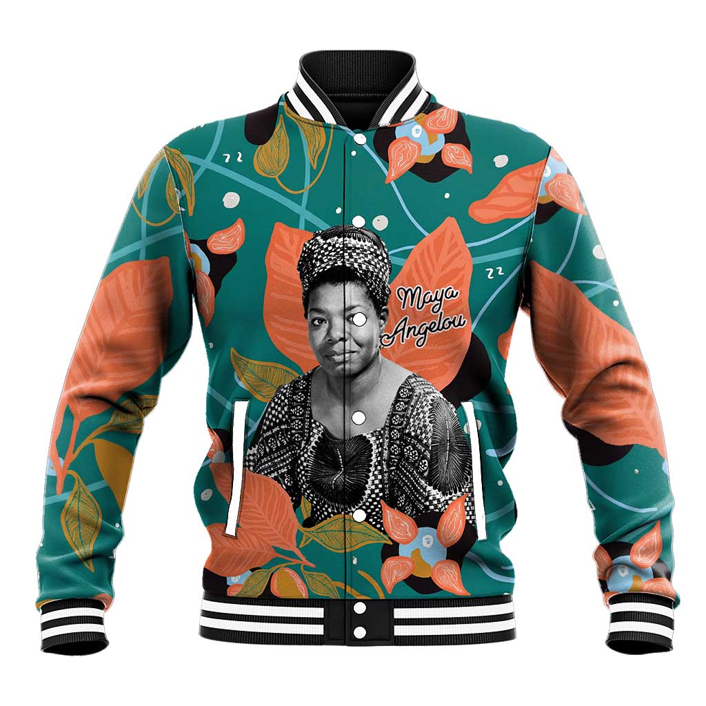 Maya Angelou Baseball Jacket Inspirational Quote Design Vibrant Teal and Orange Leaf Motif - African Pride