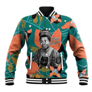 Maya Angelou Baseball Jacket Inspirational Quote Design Vibrant Teal and Orange Leaf Motif - African Pride