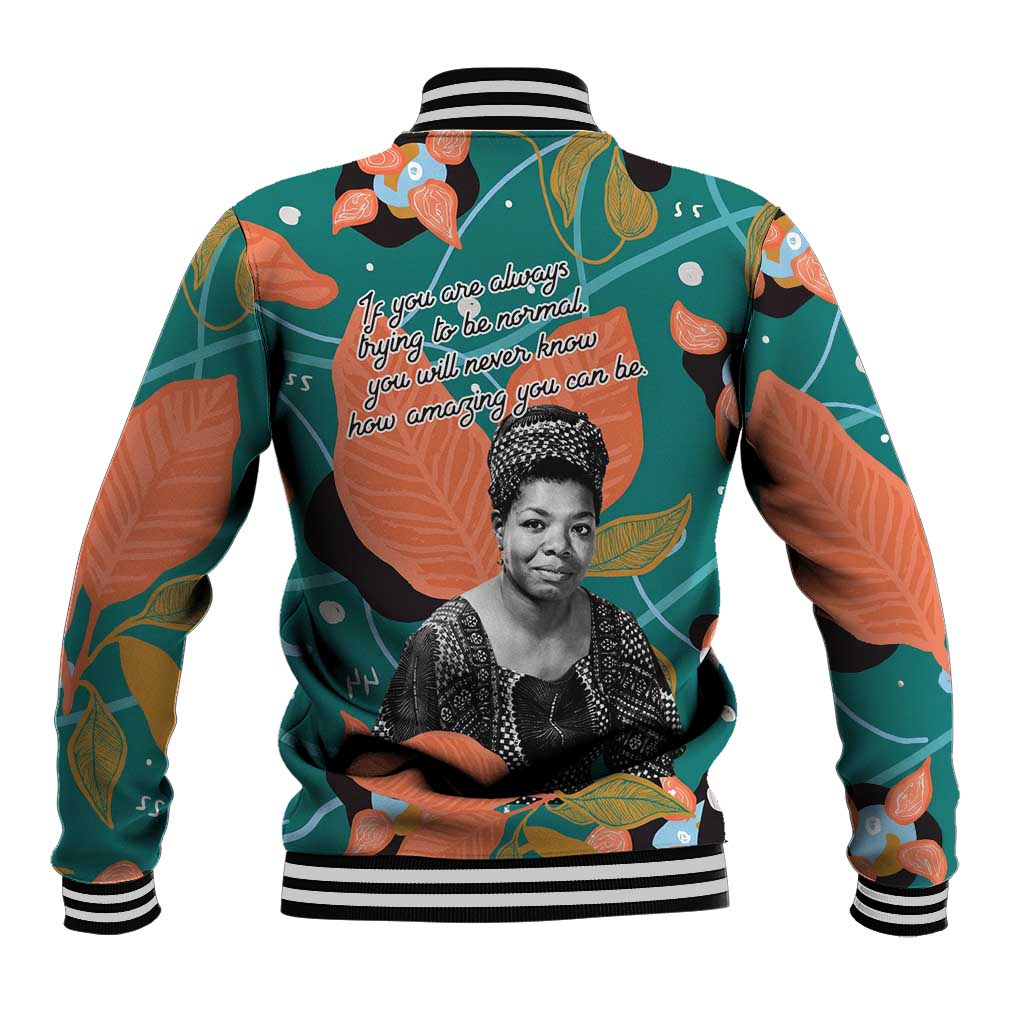 Maya Angelou Baseball Jacket Inspirational Quote Design Vibrant Teal and Orange Leaf Motif - African Pride