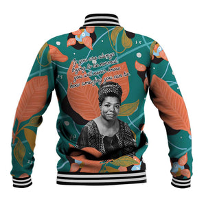 Maya Angelou Baseball Jacket Inspirational Quote Design Vibrant Teal and Orange Leaf Motif - African Pride