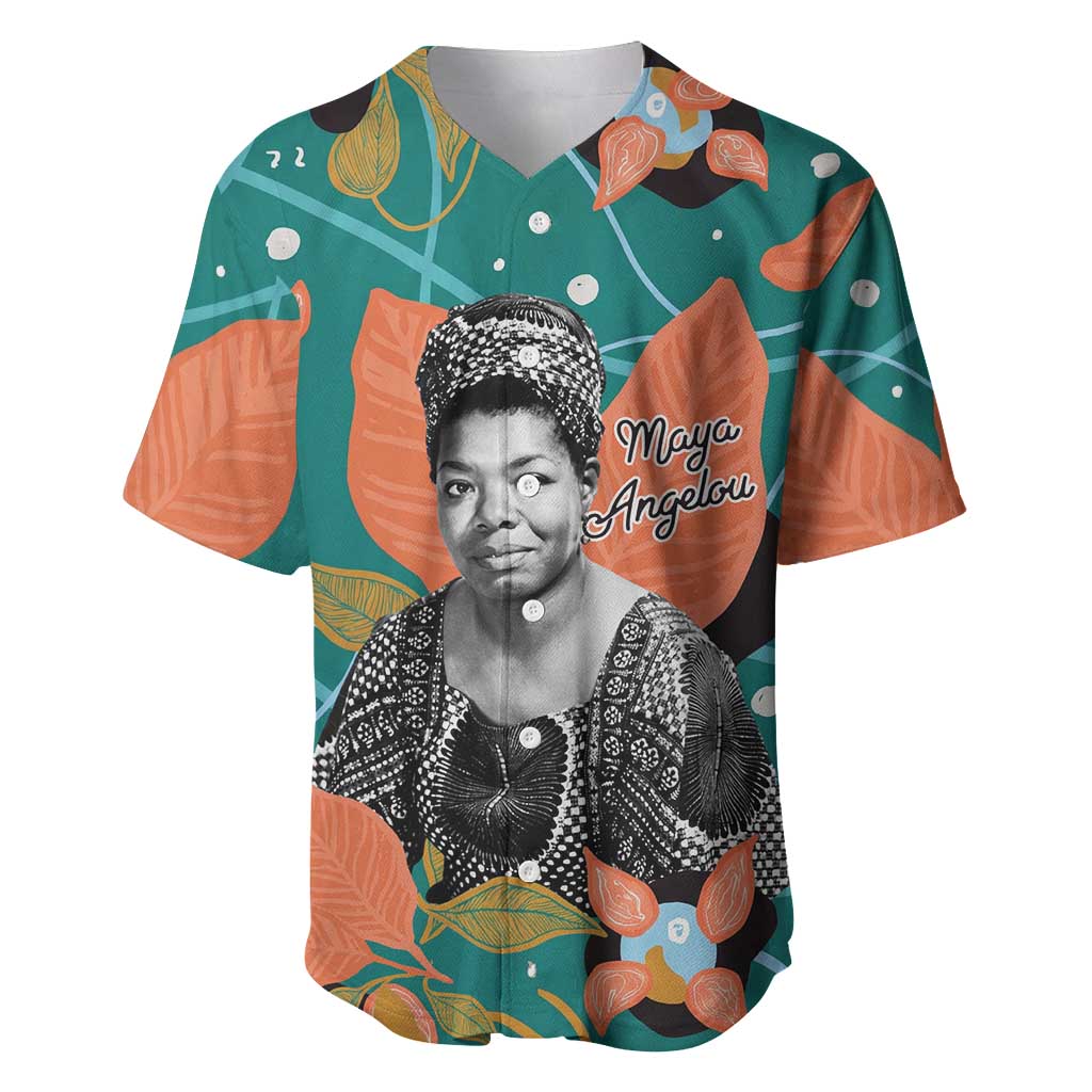 Maya Angelou Baseball Jersey Inspirational Quote Design Vibrant Teal and Orange Leaf Motif - African Pride