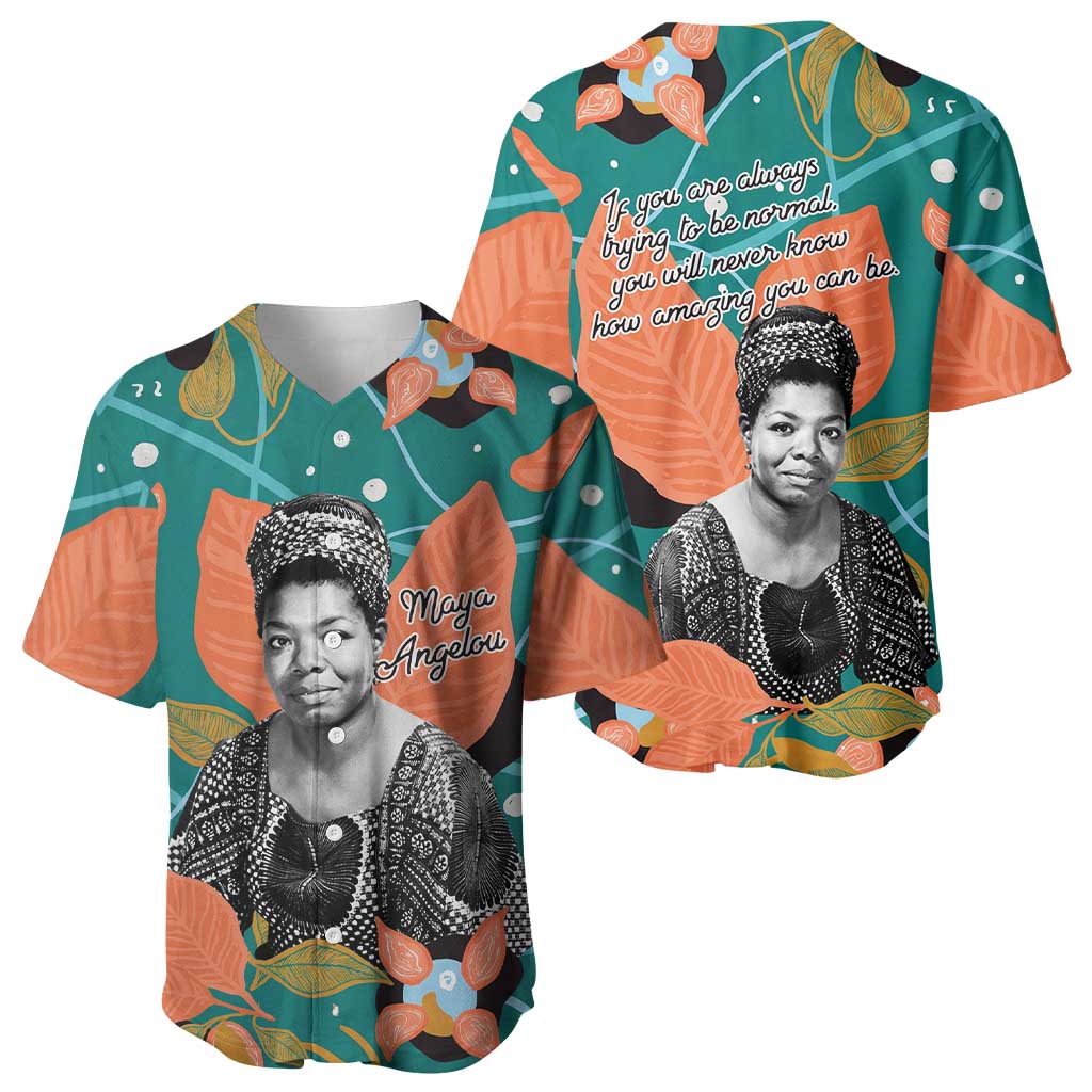 Maya Angelou Baseball Jersey Inspirational Quote Design Vibrant Teal and Orange Leaf Motif - African Pride