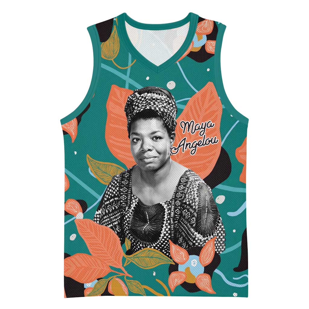 Maya Angelou Basketball Jersey Inspirational Quote Design Vibrant Teal and Orange Leaf Motif - African Pride