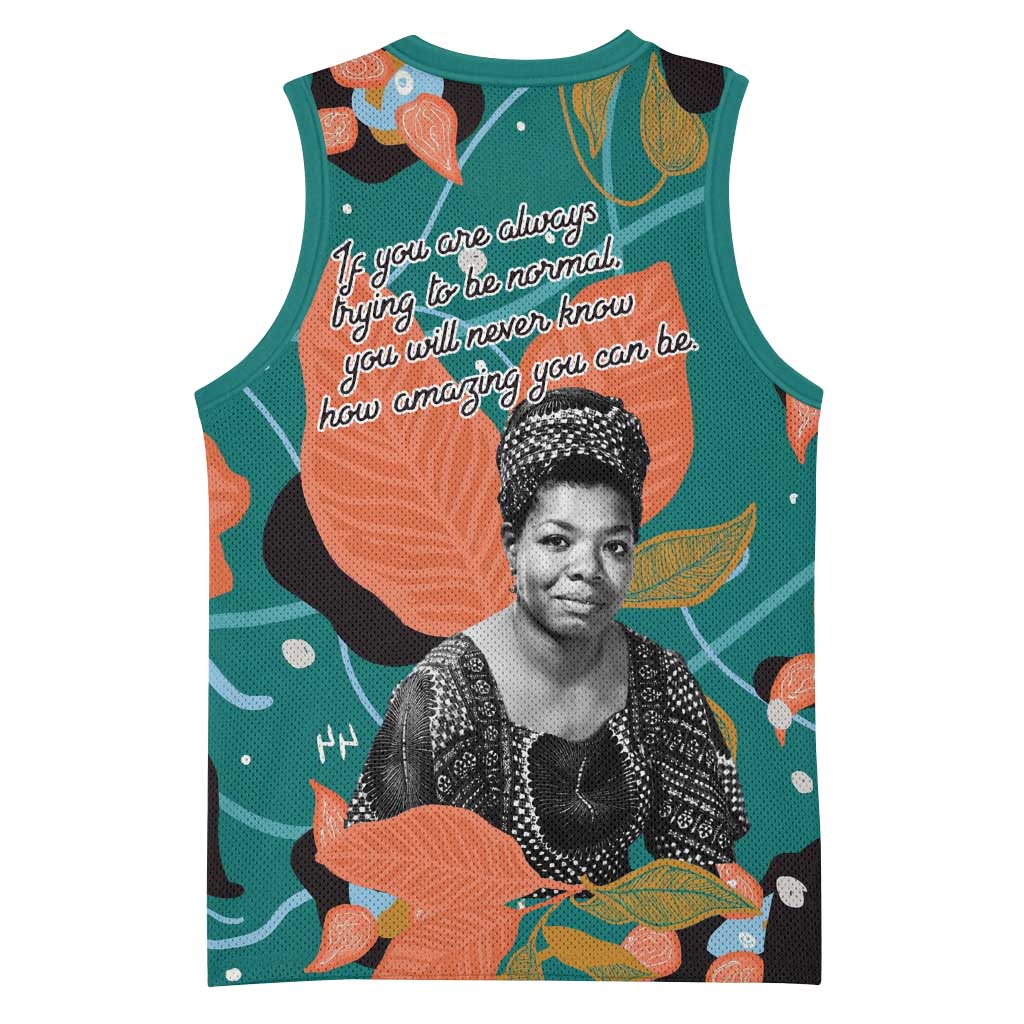 Maya Angelou Basketball Jersey Inspirational Quote Design Vibrant Teal and Orange Leaf Motif - African Pride