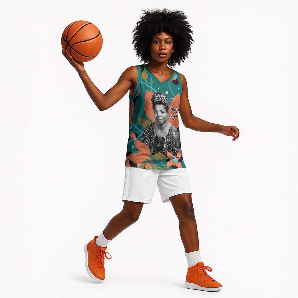 Maya Angelou Basketball Jersey Inspirational Quote Design Vibrant Teal and Orange Leaf Motif - African Pride