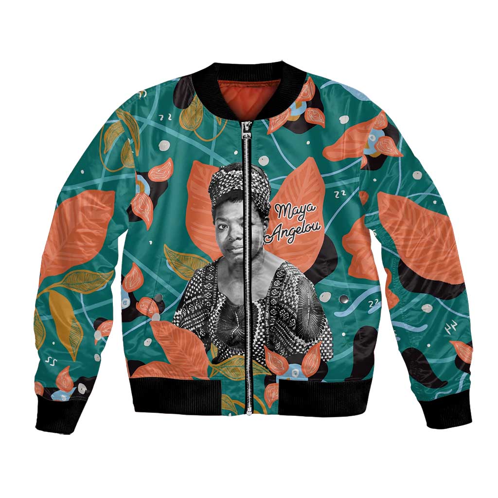 Maya Angelou Bomber Jacket Inspirational Quote Design Vibrant Teal and Orange Leaf Motif - African Pride