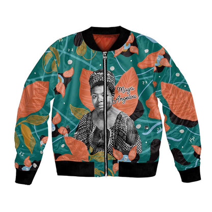 Maya Angelou Bomber Jacket Inspirational Quote Design Vibrant Teal and Orange Leaf Motif - African Pride