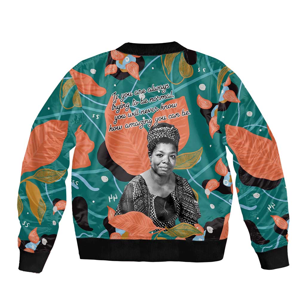 Maya Angelou Bomber Jacket Inspirational Quote Design Vibrant Teal and Orange Leaf Motif - African Pride