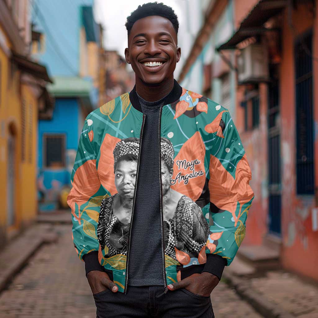 Maya Angelou Bomber Jacket Inspirational Quote Design Vibrant Teal and Orange Leaf Motif - African Pride