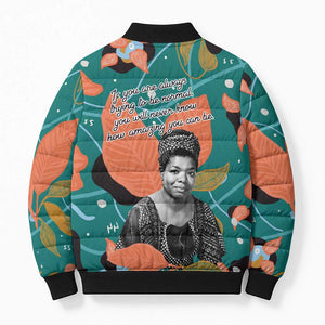 Maya Angelou Bomber Puffer Jacket Inspirational Quote Design Vibrant Teal and Orange Leaf Motif - African Pride