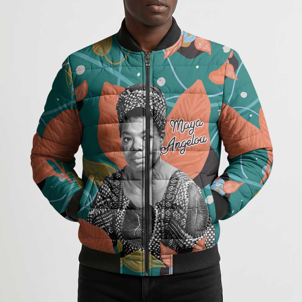 Maya Angelou Bomber Puffer Jacket Inspirational Quote Design Vibrant Teal and Orange Leaf Motif - African Pride