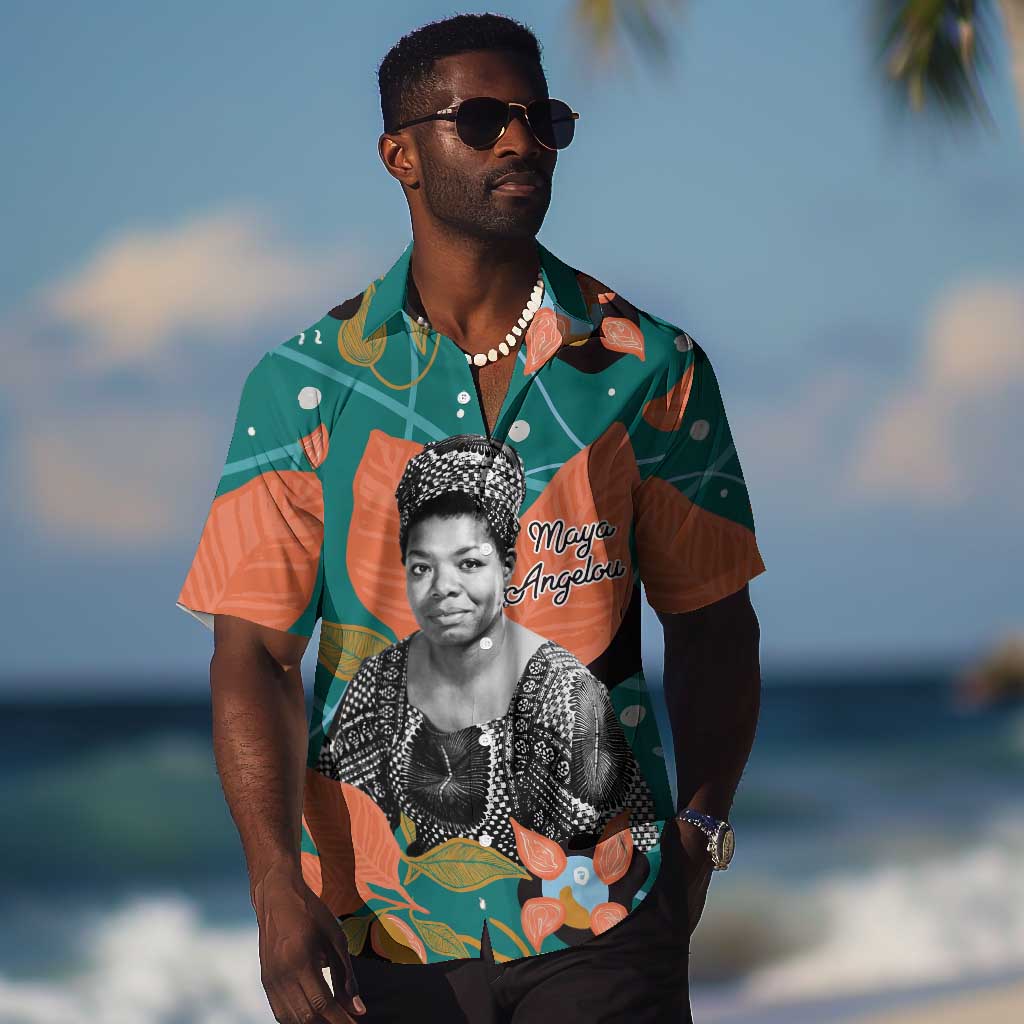Maya Angelou Hawaiian Shirt Inspirational Quote Design Vibrant Teal and Orange Leaf Motif - African Pride
