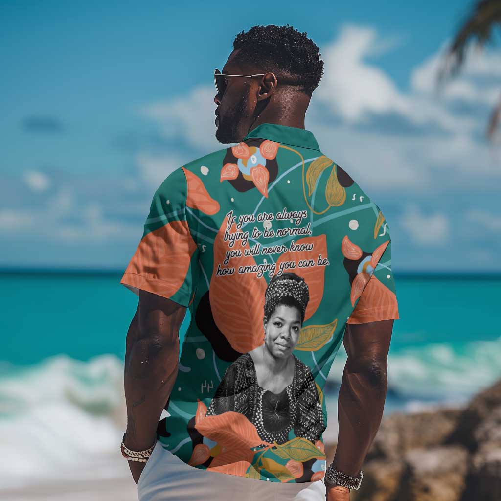 Maya Angelou Hawaiian Shirt Inspirational Quote Design Vibrant Teal and Orange Leaf Motif - African Pride