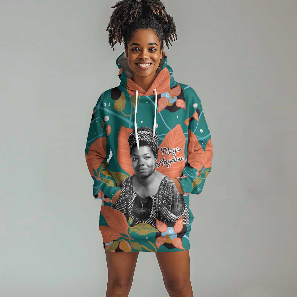 Maya Angelou Hoodie Dress Inspirational Quote Design Vibrant Teal and Orange Leaf Motif - African Pride