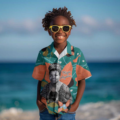 Maya Angelou Kid Hawaiian Shirt Inspirational Quote Design Vibrant Teal and Orange Leaf Motif - African Pride