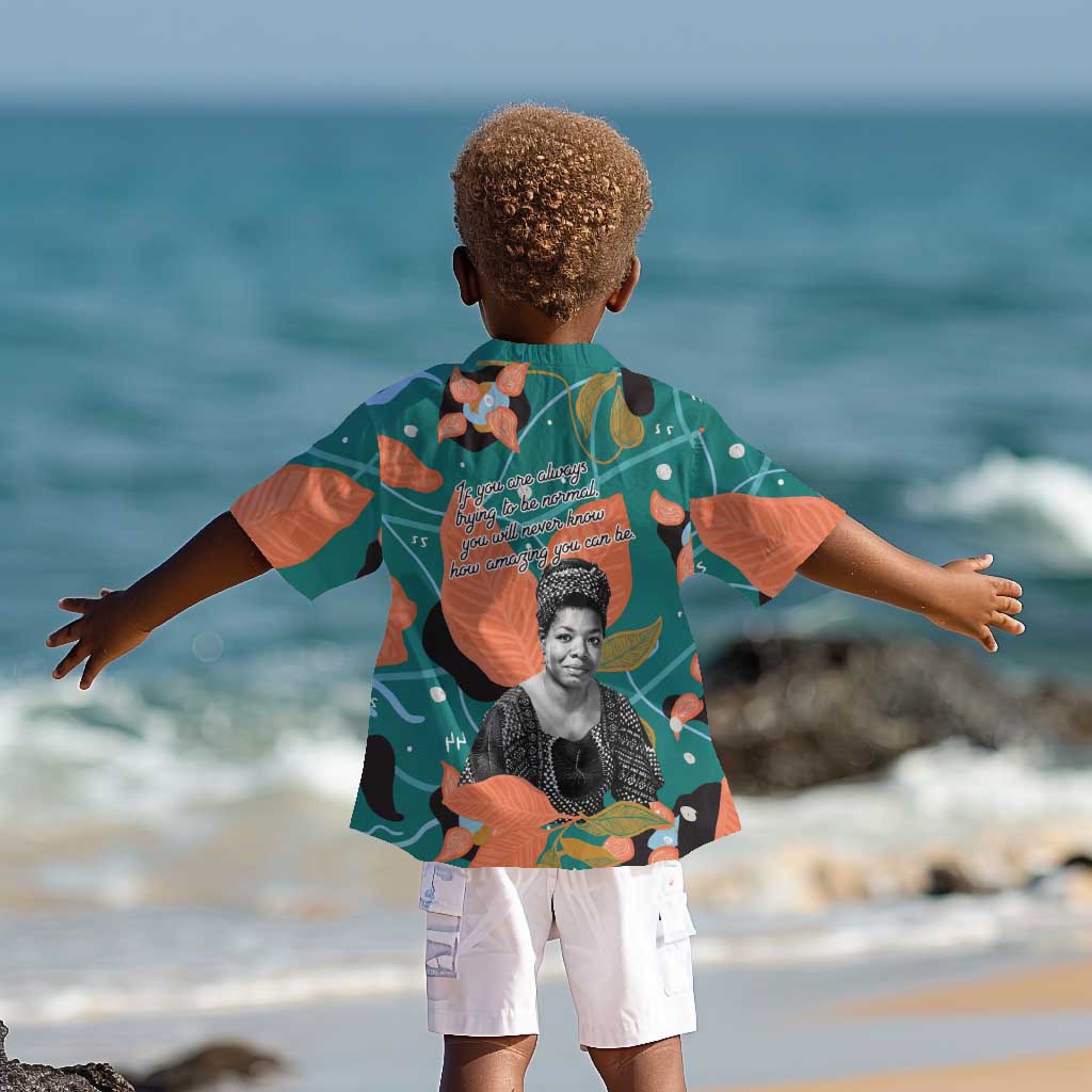 Maya Angelou Kid Hawaiian Shirt Inspirational Quote Design Vibrant Teal and Orange Leaf Motif - African Pride