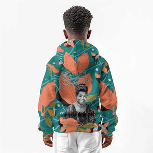 Maya Angelou Kid Hoodie Inspirational Quote Design Vibrant Teal and Orange Leaf Motif - African Pride