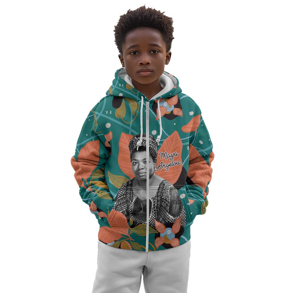 Maya Angelou Kid Hoodie Inspirational Quote Design Vibrant Teal and Orange Leaf Motif - African Pride