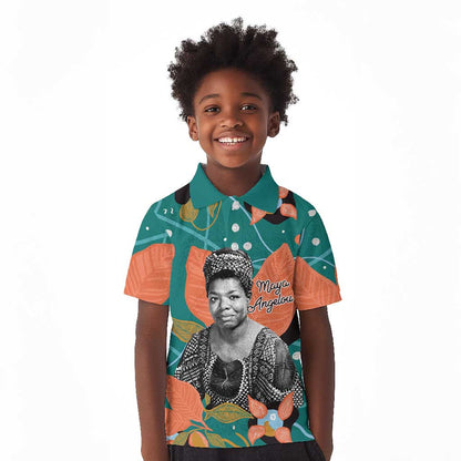 Maya Angelou Kid Polo Shirt Inspirational Quote Design Vibrant Teal and Orange Leaf Motif - African Pride
