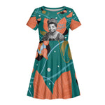 Maya Angelou Kid Short Sleeve Dress Inspirational Quote Design Vibrant Teal and Orange Leaf Motif - African Pride