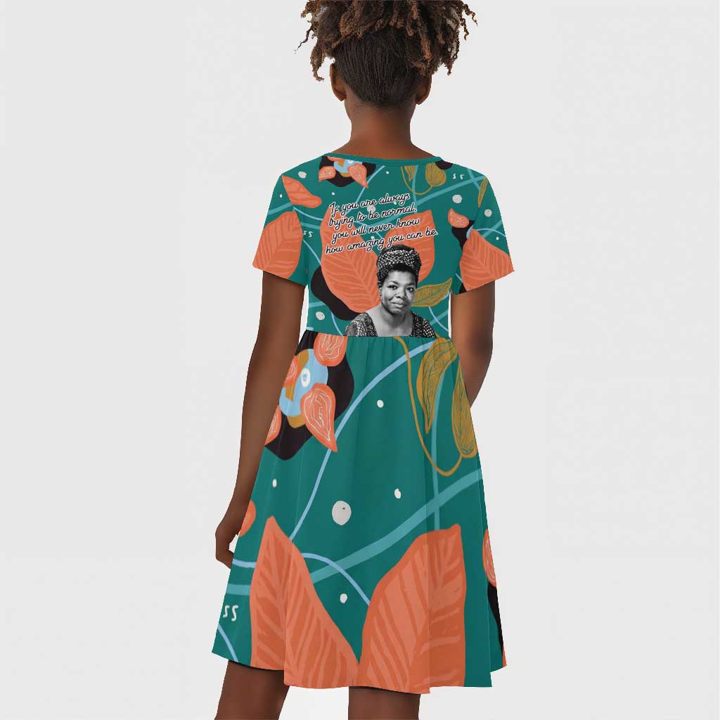 Maya Angelou Kid Short Sleeve Dress Inspirational Quote Design Vibrant Teal and Orange Leaf Motif - African Pride