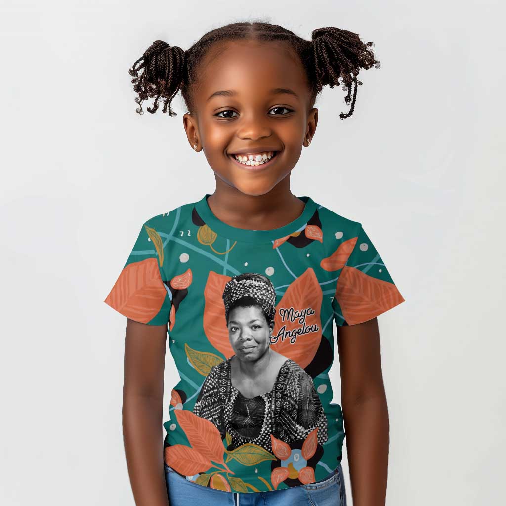 Maya Angelou Kid T shirt Inspirational Quote Design Vibrant Teal and Orange Leaf Motif - African Pride