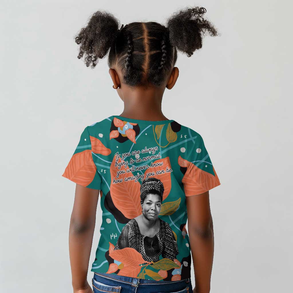Maya Angelou Kid T shirt Inspirational Quote Design Vibrant Teal and Orange Leaf Motif - African Pride