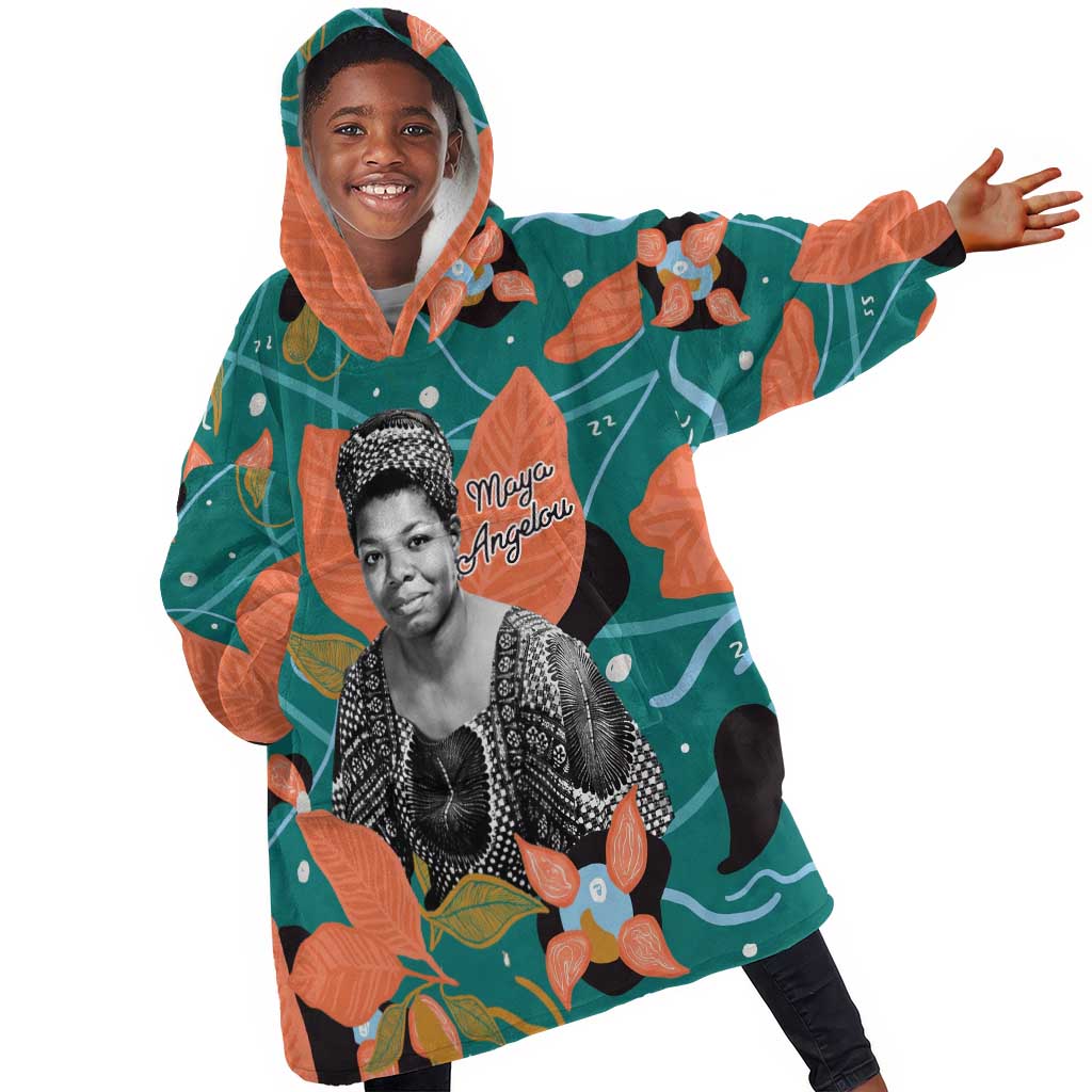 Maya Angelou Kid Wearable Blanket Hoodie Inspirational Quote Design Vibrant Teal and Orange Leaf Motif - African Pride