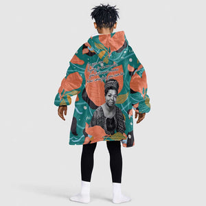 Maya Angelou Kid Wearable Blanket Hoodie Inspirational Quote Design Vibrant Teal and Orange Leaf Motif - African Pride