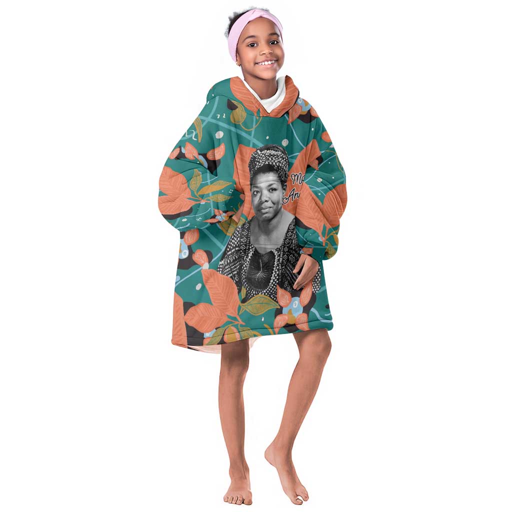 Maya Angelou Kid Wearable Blanket Hoodie Inspirational Quote Design Vibrant Teal and Orange Leaf Motif - African Pride