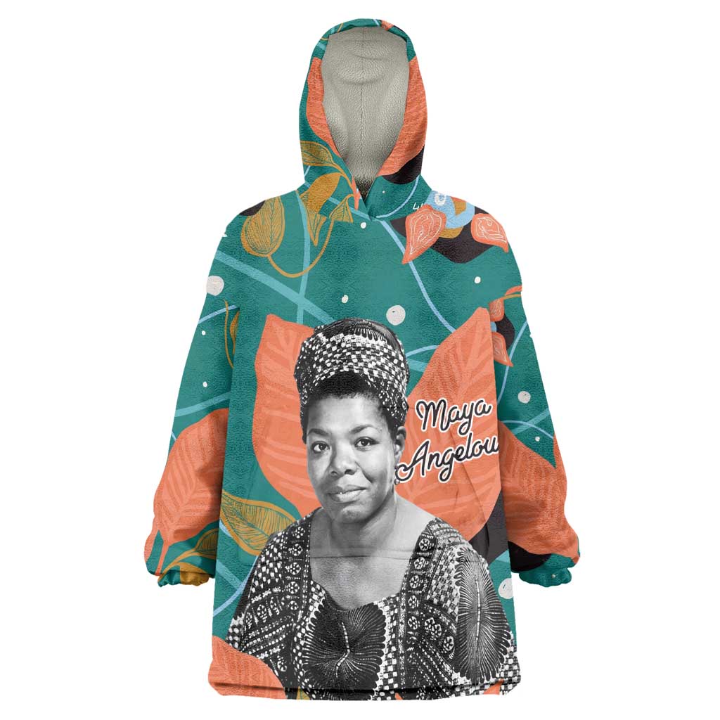 Maya Angelou Kid Wearable Blanket Hoodie Inspirational Quote Design Vibrant Teal and Orange Leaf Motif - African Pride