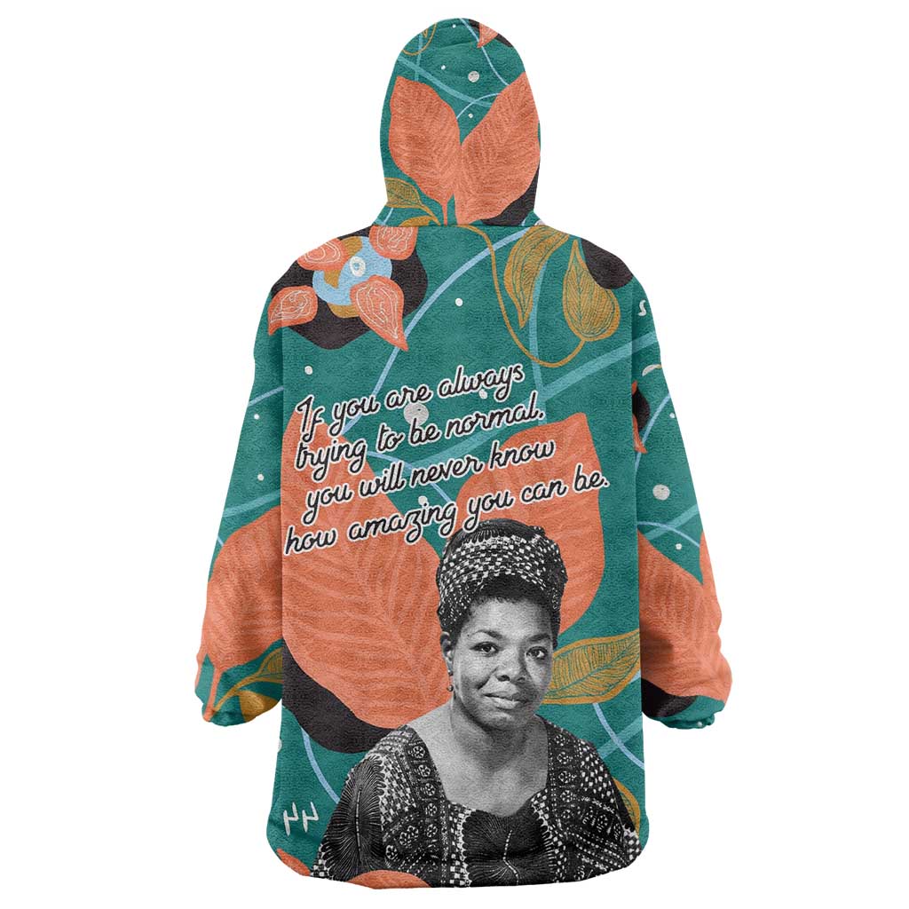 Maya Angelou Kid Wearable Blanket Hoodie Inspirational Quote Design Vibrant Teal and Orange Leaf Motif - African Pride