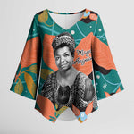 Maya Angelou Kimono Sleeve Blouse Inspirational Quote Design Vibrant Teal and Orange Leaf Motif - African Pride