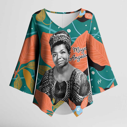 Maya Angelou Kimono Sleeve Blouse Inspirational Quote Design Vibrant Teal and Orange Leaf Motif - African Pride