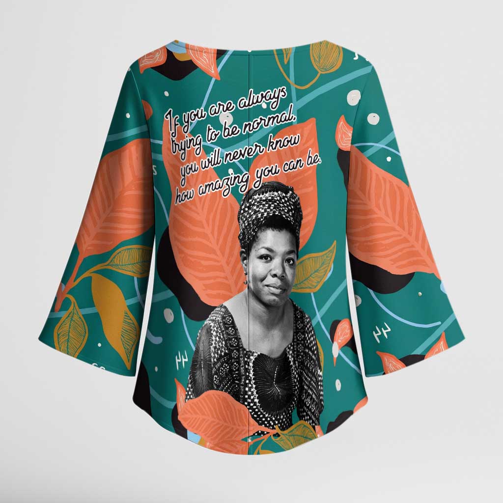 Maya Angelou Kimono Sleeve Blouse Inspirational Quote Design Vibrant Teal and Orange Leaf Motif - African Pride
