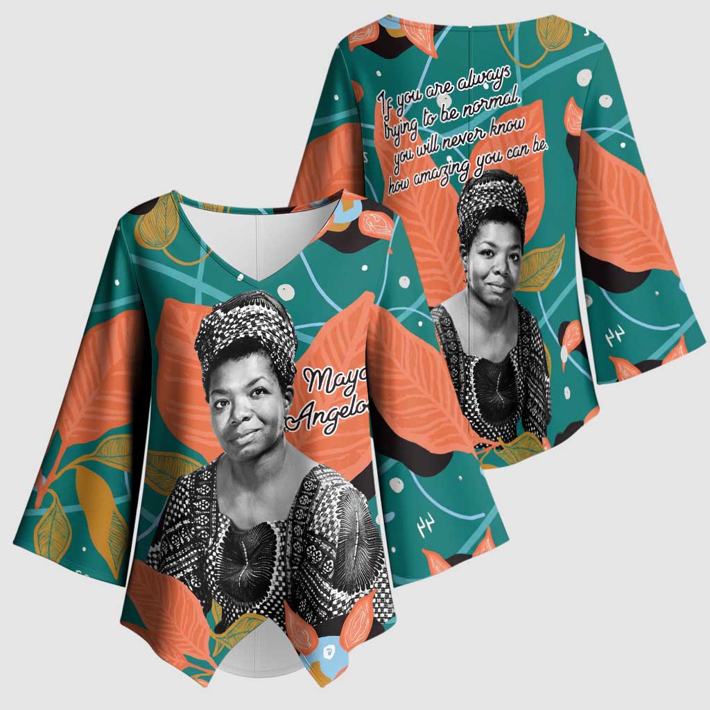Maya Angelou Kimono Sleeve Blouse Inspirational Quote Design Vibrant Teal and Orange Leaf Motif - African Pride