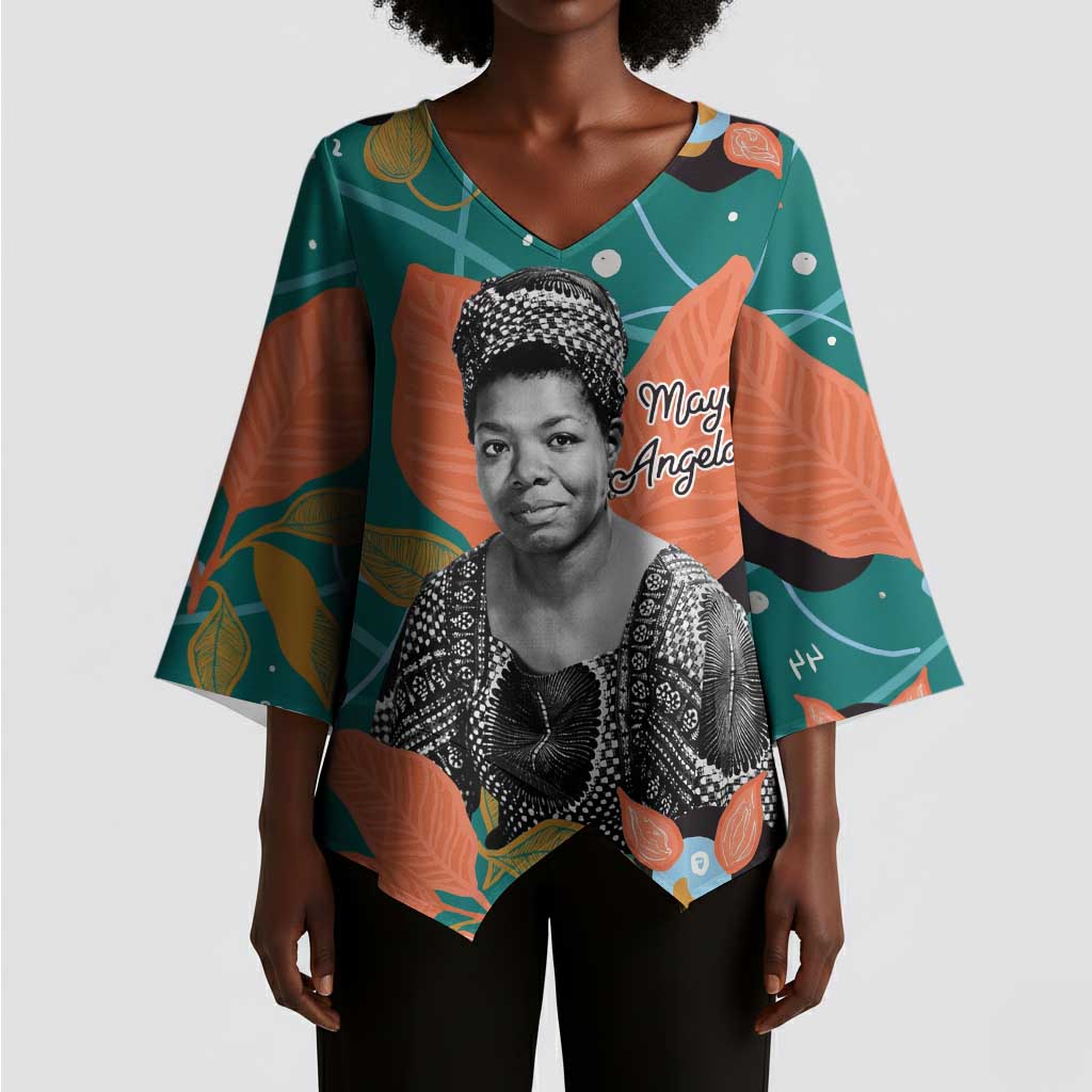 Maya Angelou Kimono Sleeve Blouse Inspirational Quote Design Vibrant Teal and Orange Leaf Motif - African Pride