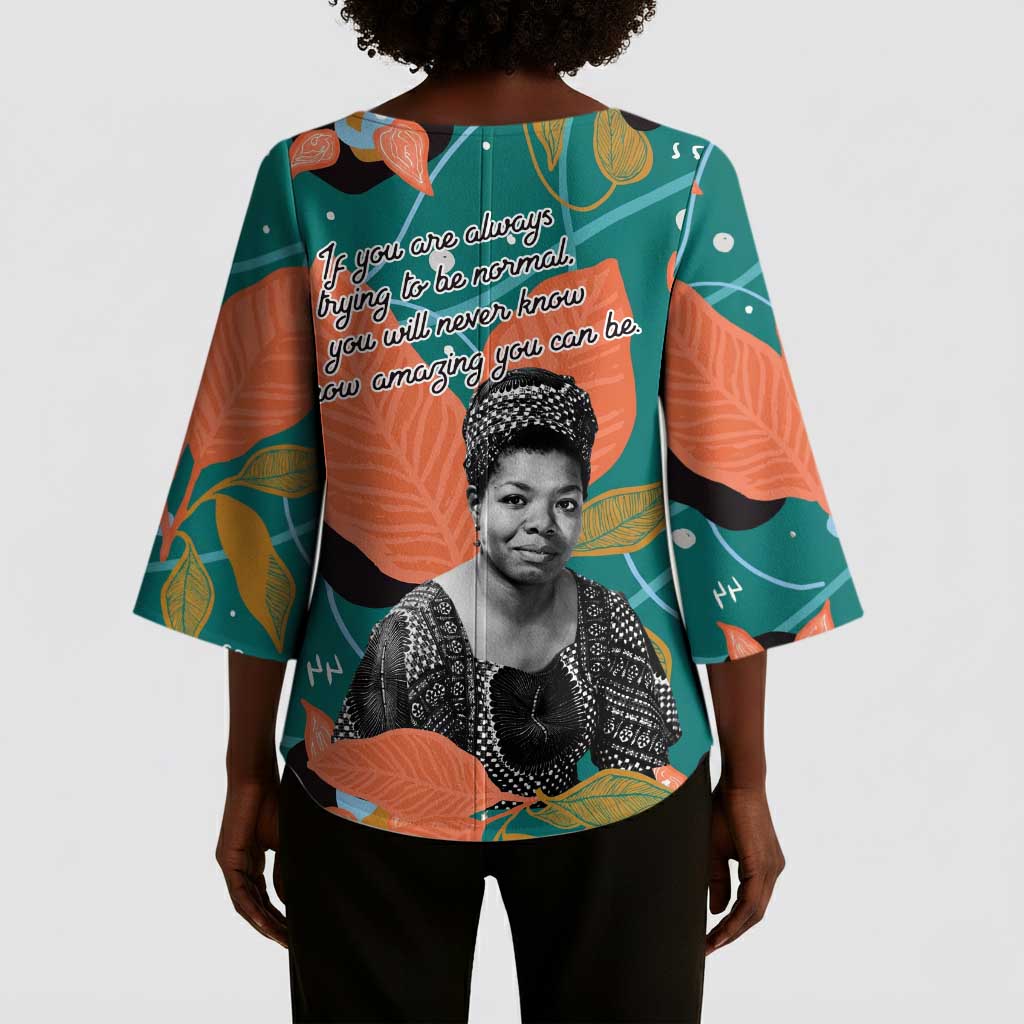 Maya Angelou Kimono Sleeve Blouse Inspirational Quote Design Vibrant Teal and Orange Leaf Motif - African Pride