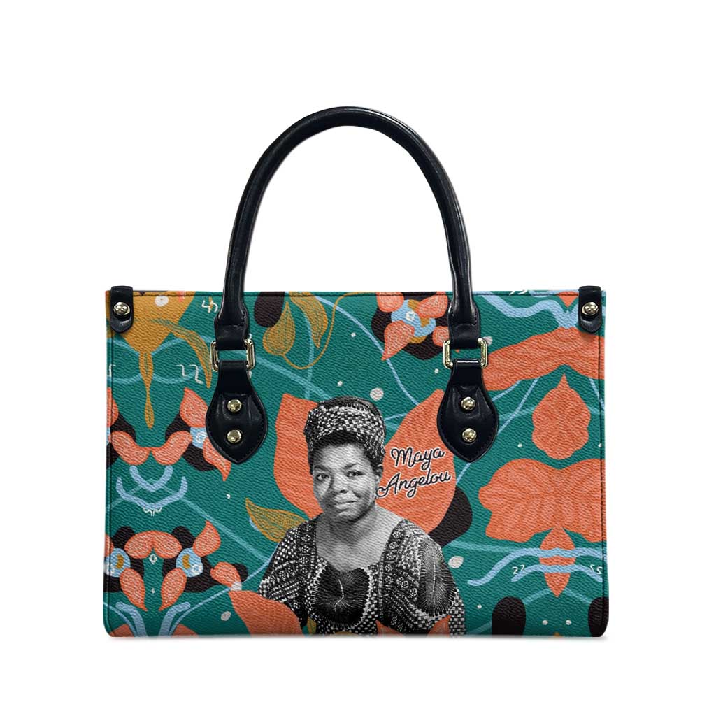 Maya Angelou Leather Bag Inspirational Quote Design Vibrant Teal and Orange Leaf Motif - African Pride
