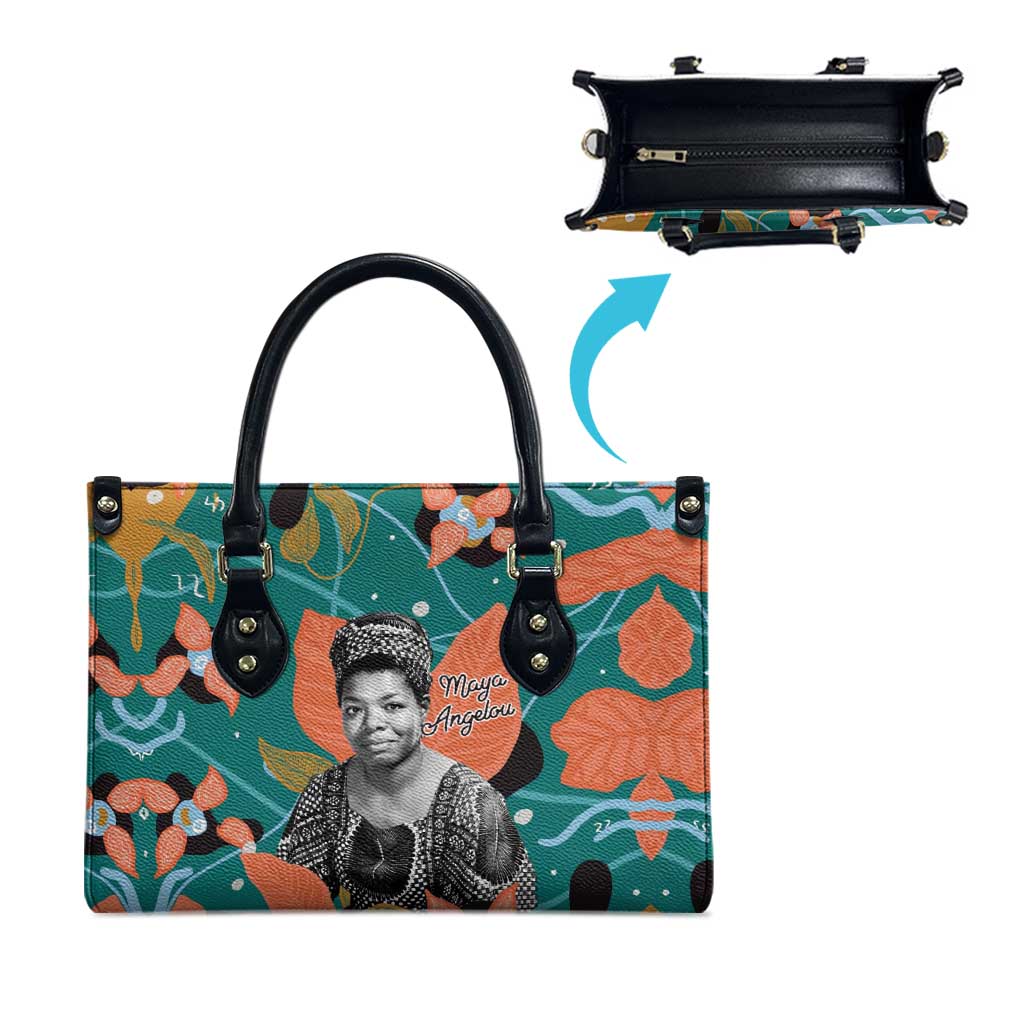 Maya Angelou Leather Bag Inspirational Quote Design Vibrant Teal and Orange Leaf Motif - African Pride