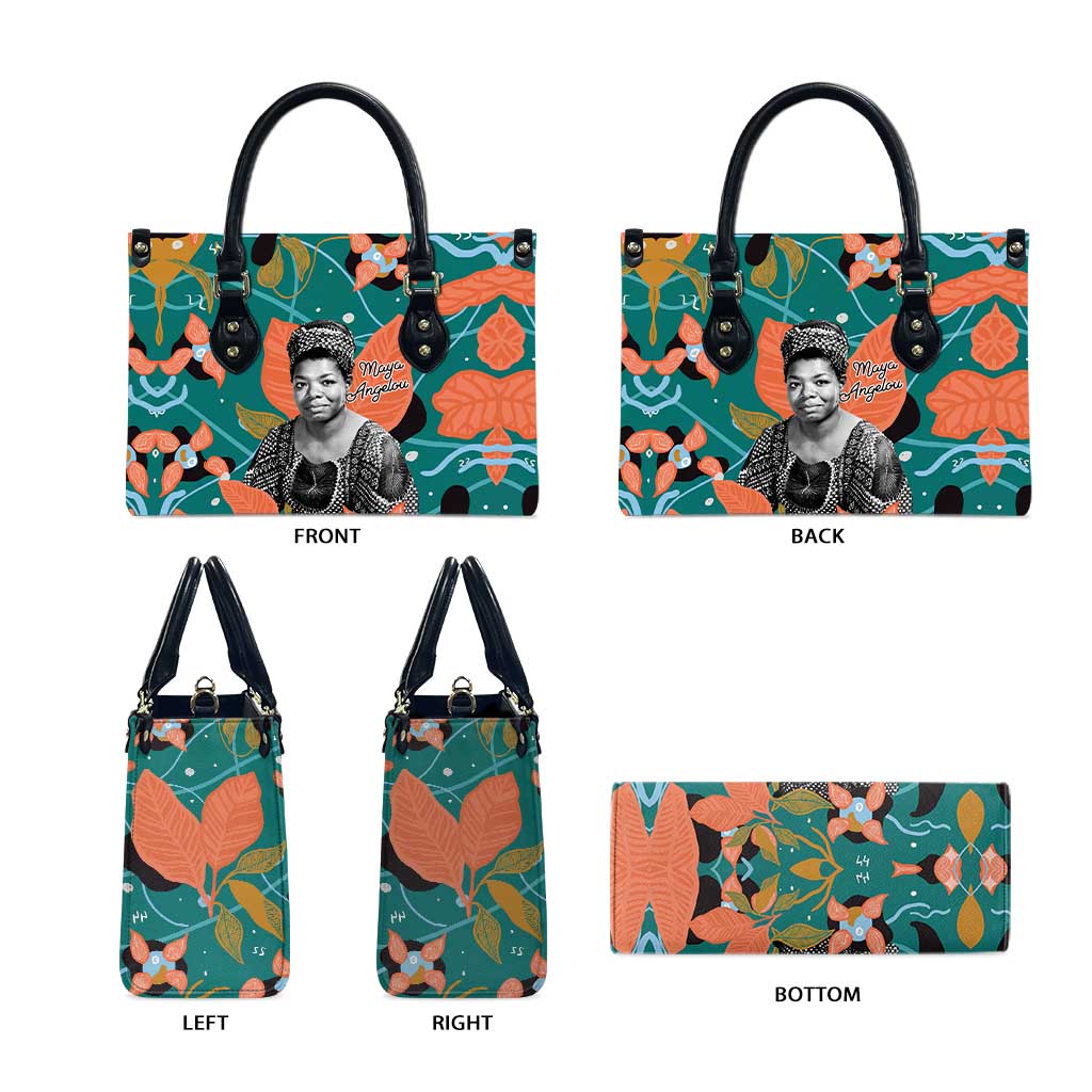 Maya Angelou Leather Bag Inspirational Quote Design Vibrant Teal and Orange Leaf Motif - African Pride