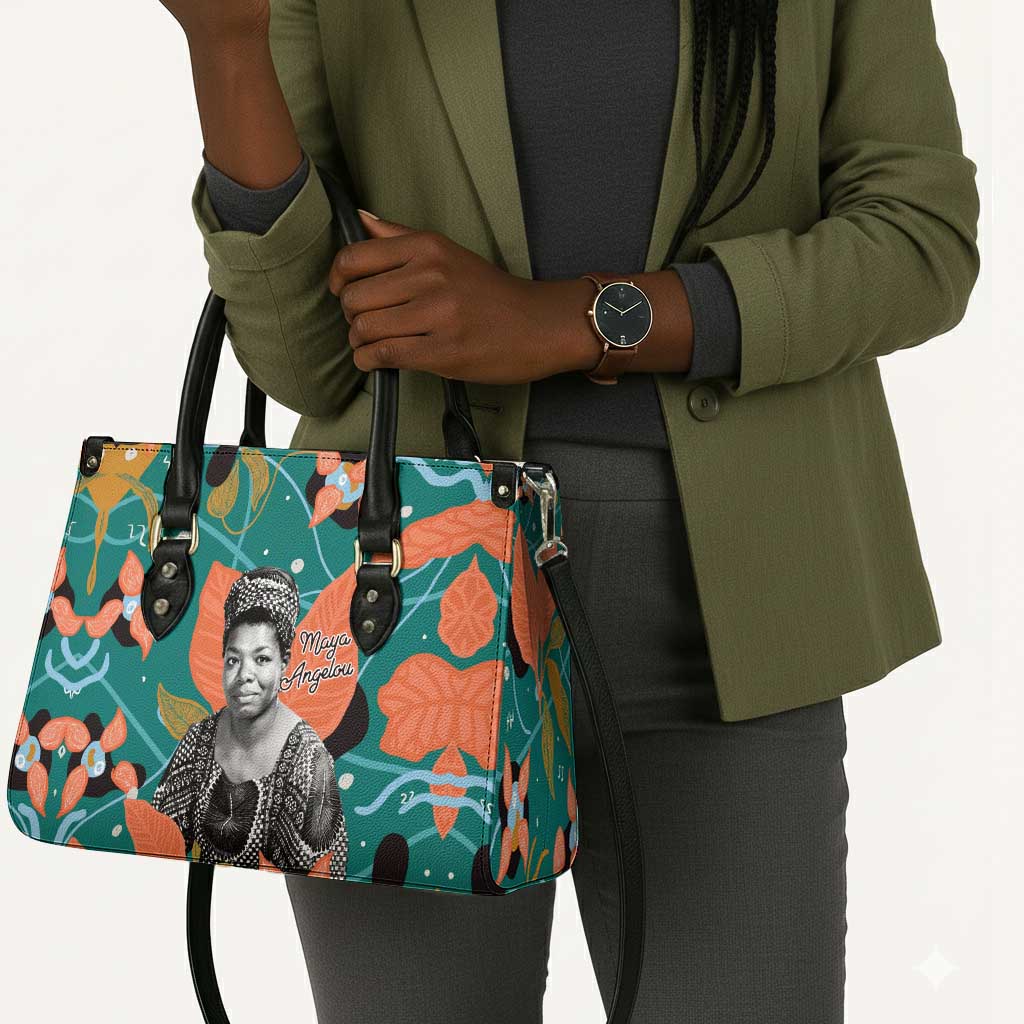 Maya Angelou Leather Bag Inspirational Quote Design Vibrant Teal and Orange Leaf Motif - African Pride