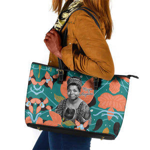 Maya Angelou Leather Tote Bag Inspirational Quote Design Vibrant Teal and Orange Leaf Motif - African Pride