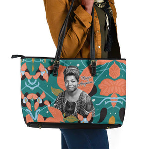 Maya Angelou Leather Tote Bag Inspirational Quote Design Vibrant Teal and Orange Leaf Motif - African Pride