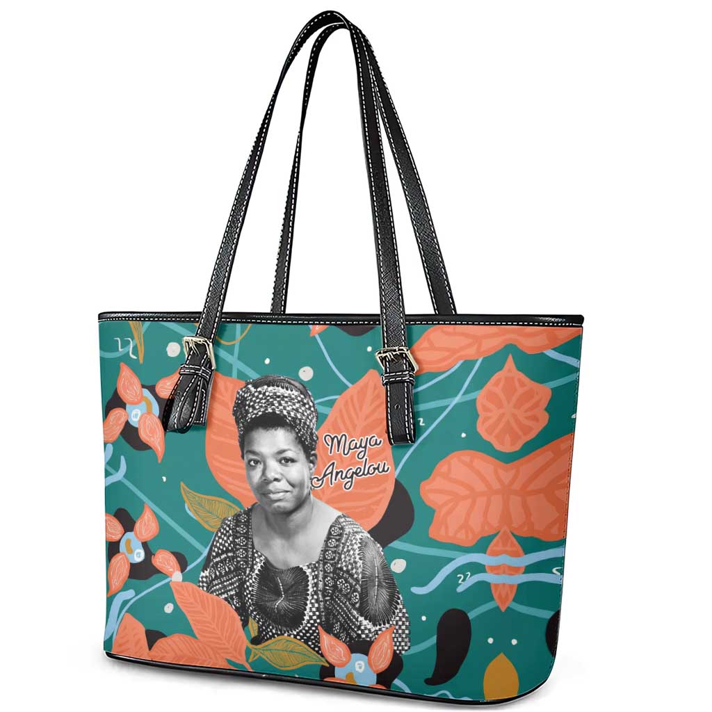 Maya Angelou Leather Tote Bag Inspirational Quote Design Vibrant Teal and Orange Leaf Motif - African Pride
