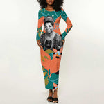 Maya Angelou Long Sleeve Bodycon Dress Inspirational Quote Design Vibrant Teal and Orange Leaf Motif - African Pride