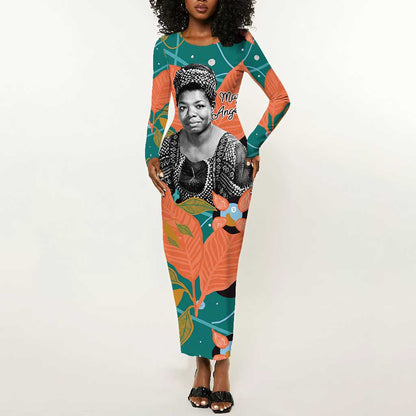 Maya Angelou Long Sleeve Bodycon Dress Inspirational Quote Design Vibrant Teal and Orange Leaf Motif - African Pride
