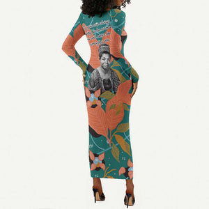 Maya Angelou Long Sleeve Bodycon Dress Inspirational Quote Design Vibrant Teal and Orange Leaf Motif - African Pride